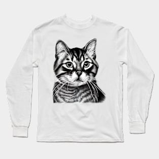 Pensive Black and White Drawing of a Cat Long Sleeve T-Shirt